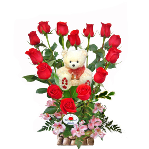Floral Arrangement I Love You Heart with teddy bear and red roses