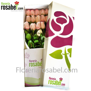 Caja de 12 Rosas Rosadas, Elegante caja con Rosas Rosadas