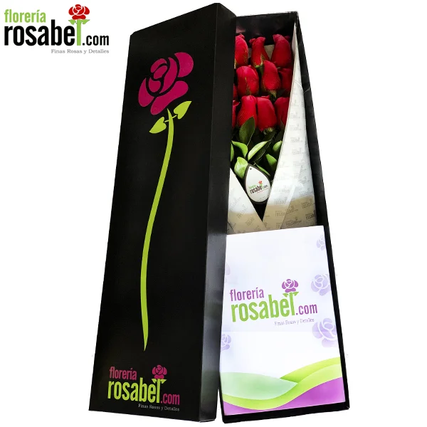 caja negra con 12 rosas rojas