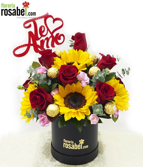 arreglo con girasoles rosas y chocolates