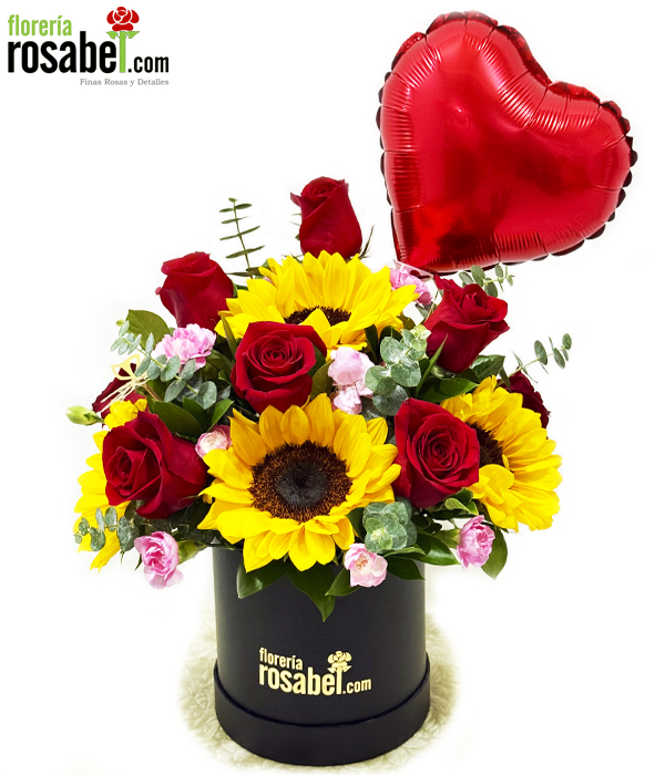 Box con Girasoles y Rosas Rojas Box con Girasoles y Rosas Rojas