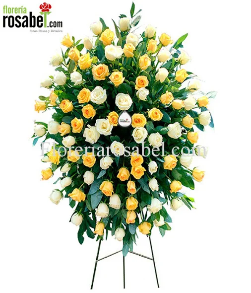 Corona Fúnebre: Rosas Amarillas y Blancas.