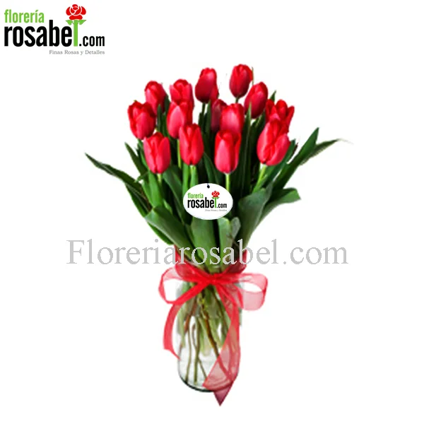 Florero con 10 tulipanes rojos en jarrón elegante con envío a domicilio en Lima