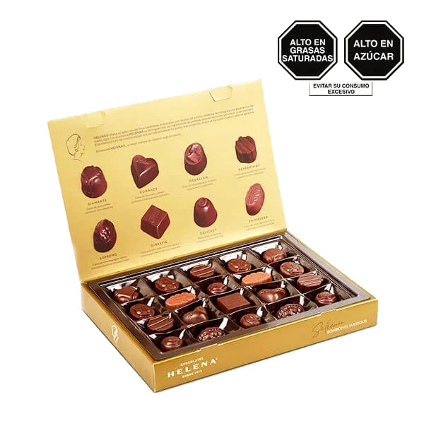 Deliciosos chocolates helena, Caja con de Bombones de chocolate con rellenos surtidos. 210gr o 20 unidades