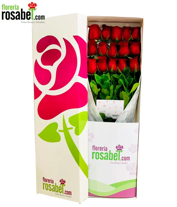 Caja Rosabel con 15 rosas rojas elegantes para regalo