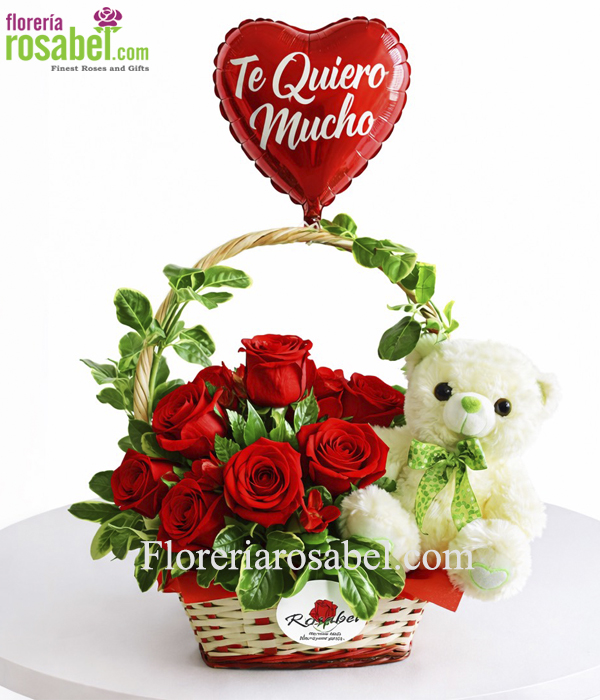 Canasta de flores y rosas rojas para San Valentín con peluche y globo