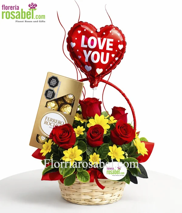 arreglo de rosas, chocolate y Globo corazón para el Dia de san Valentin
