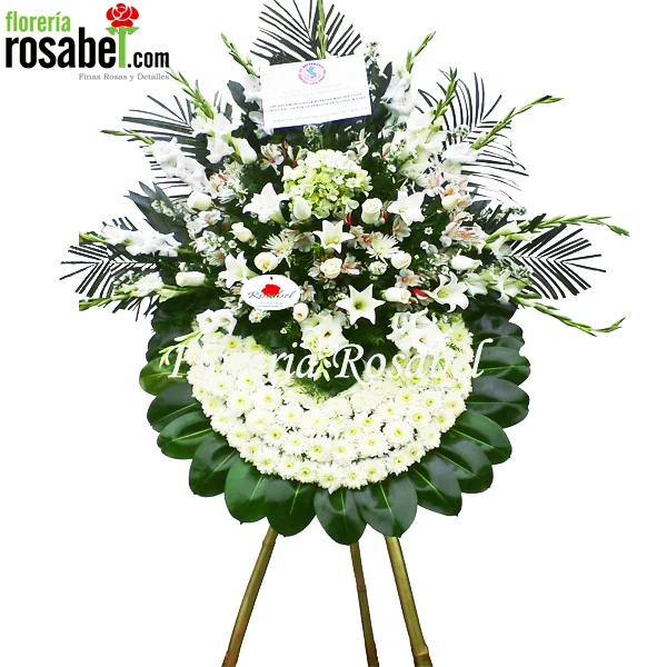 Coronas Fúnebres a domicilio con flores blancas y rosas en pedestal para funeral en Lima