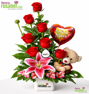 Arreglo de rosas rojas con peluche Siempre Tuyo, presentación romántica ideal para regalar.