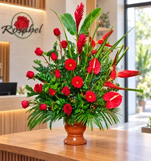 Arreglo corporativo con 12 rosas rojas, 3 gerberas, ginger y heliconias en copa romana