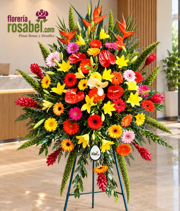 Arreglo para inauguración y aniversario de empresa con gerberas mixtas, anturios y lilium amarillo en trípode de metal