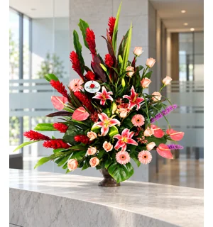 Arreglo empresarial con 12 rosas rosadas, gerberas rosadas, ginger, lilium rosado y follajes en copa