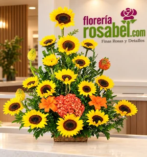 Arreglo de girasoles, lilium y hortensia para aniversario de empresa
