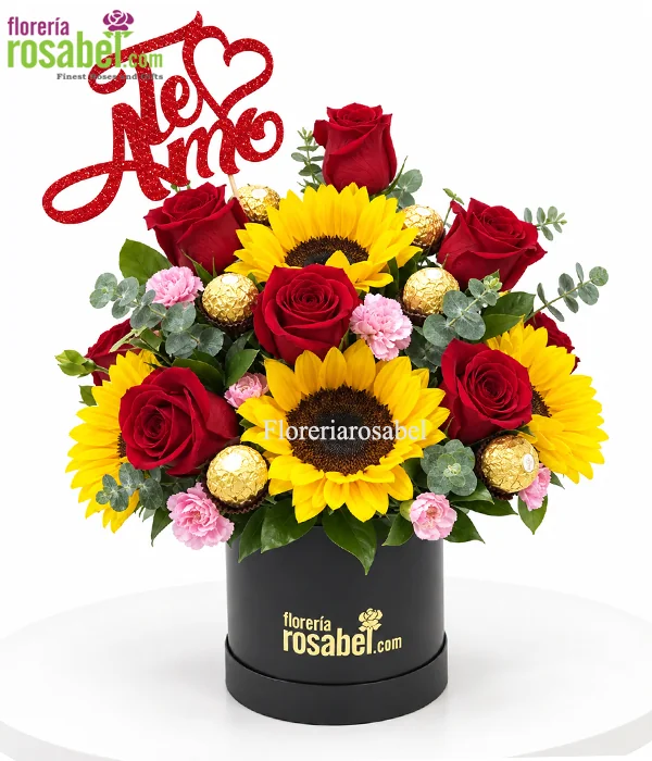 Arreglo de girasoles y rosas rojas con chocolates y topper Te Amo