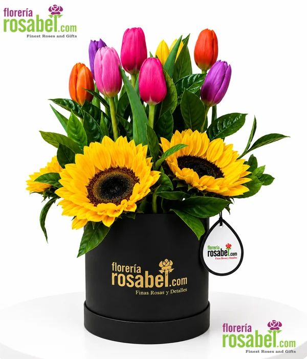Arreglo de tulipanes y girasoles con 8 tulipanes mixtos