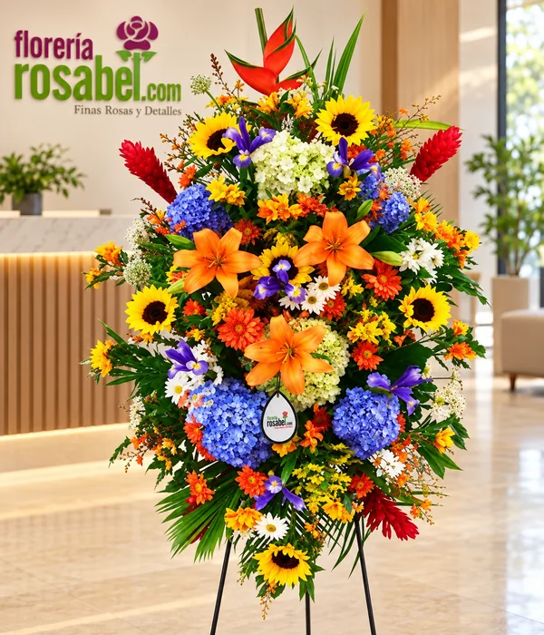Arreglo institucional con girasoles, lirios naranjas, iris morados, hortensias y margaritas en parante