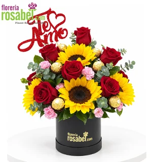 Arreglo de girasoles y rosas rojas con chocolates y topper Te Amo