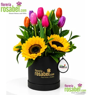 Arreglo de tulipanes y girasoles con 8 tulipanes mixtos
