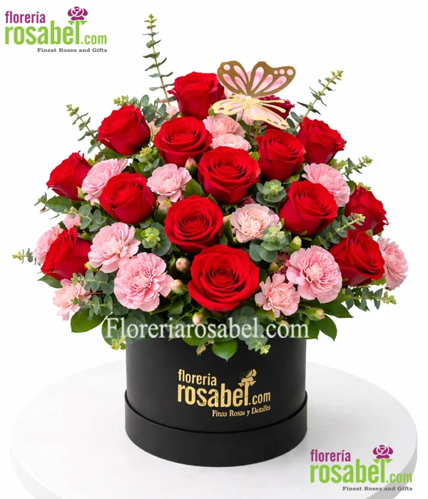 Box cilíndrico con 24 rosas rojas y claveles rosados Floreria Rosabel