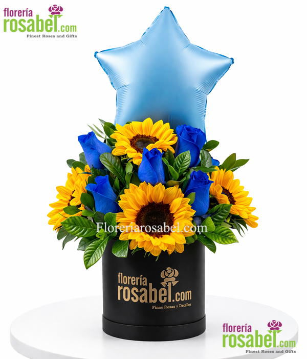 Box de girasoles y rosas azules para caballero con entrega a domicilio en Lima