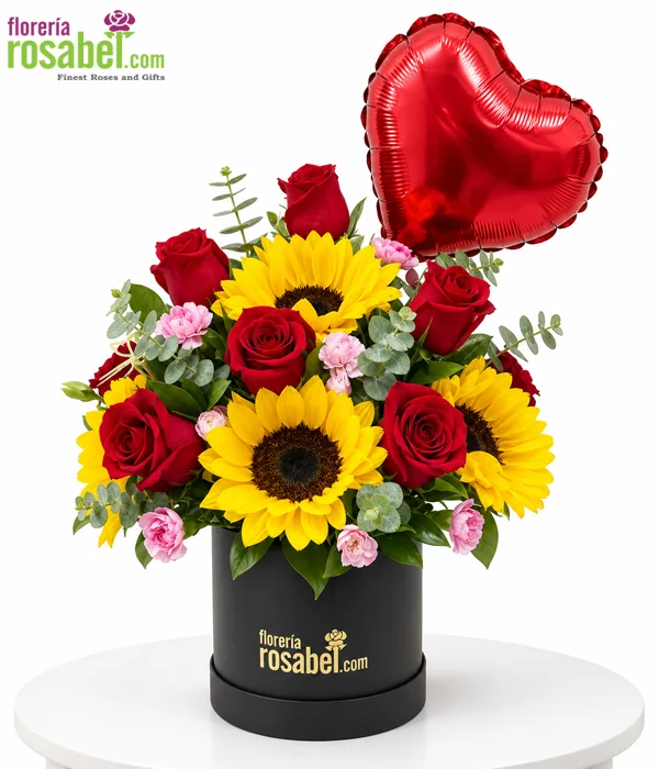 Box de girasoles y rosas rojas con claveles y globo corazón
