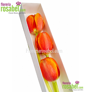 Caja de 3 tulipanes naranjas con entrega a domicilio en Lima