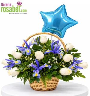 Canasta floral para nacimiento de niño con 12 rosas blancas, iris y globo