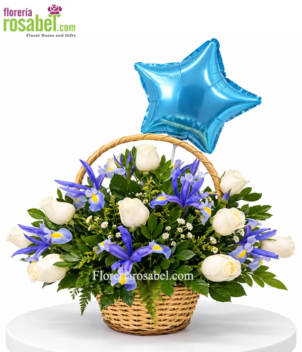 Canasta floral para nacimiento de niño con 12 rosas blancas, iris y globo
