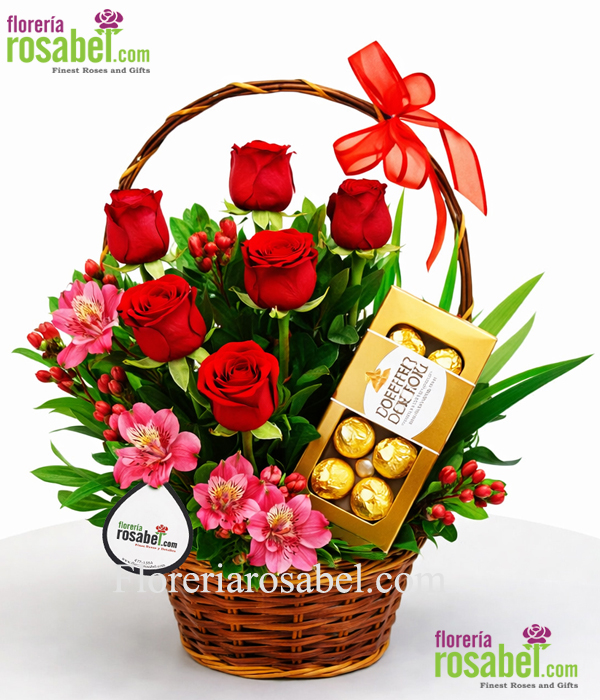 Canasta con 6 rosas rojas y chocolates regalo para mamá delivery Lima