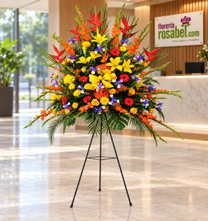 Arreglo de flores para aniversario de empresa en trípode