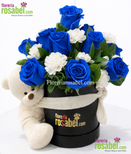 Arreglo de flores azules para hombre con peluche en Lima regalo elegante