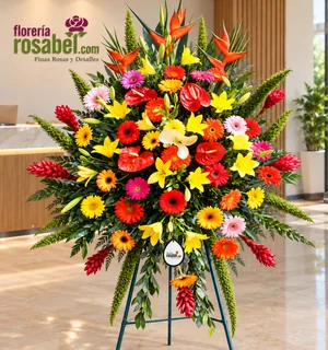 Arreglo para inauguración y aniversario de empresa con gerberas mixtas, anturios y lilium amarillo en trípode de metal
