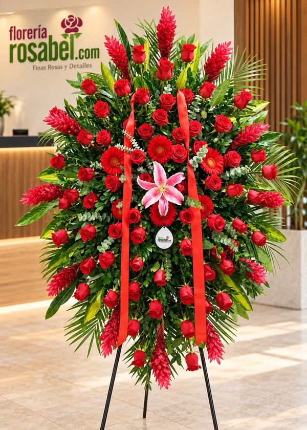 Flores para inauguración con rosas rojas, gerberas rojas, lirio rosado y ginger rojos en trípode