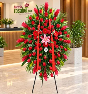Flores para inauguración con rosas rojas, gerberas rojas, lirio rosado y ginger rojos en trípode