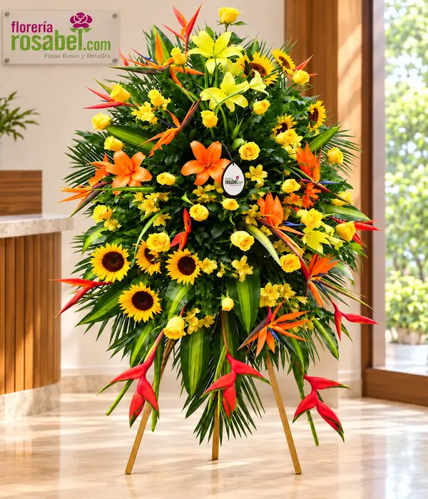 Flores para inauguración en trípode con girasoles, rosas amarillas, lirios, astromelias y flores tropicales