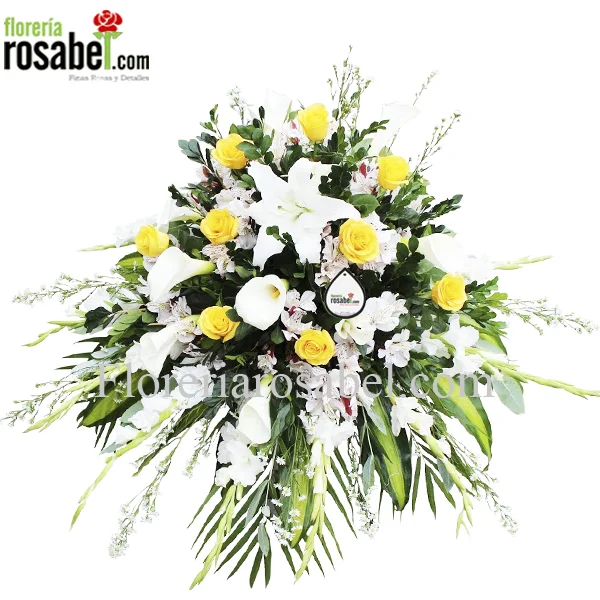 Lágrima fúnebre de piso con rosas amarillas arreglo floral de condolencias en Lima