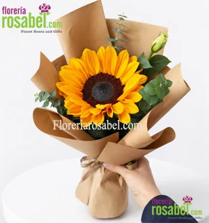 Ramito con un girasol, follajes y papel coreano, parte del pack de 12 de Florería Rosabel