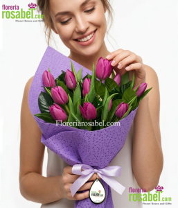 Bouquet of 10 purple tulips with lilac wrapping Rosabel
