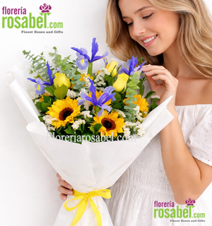 Ramo de flores amarillas con girasoles y rosas en Lima