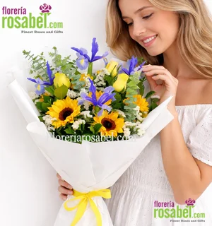 Ramo de flores amarillas con girasoles y rosas en Lima